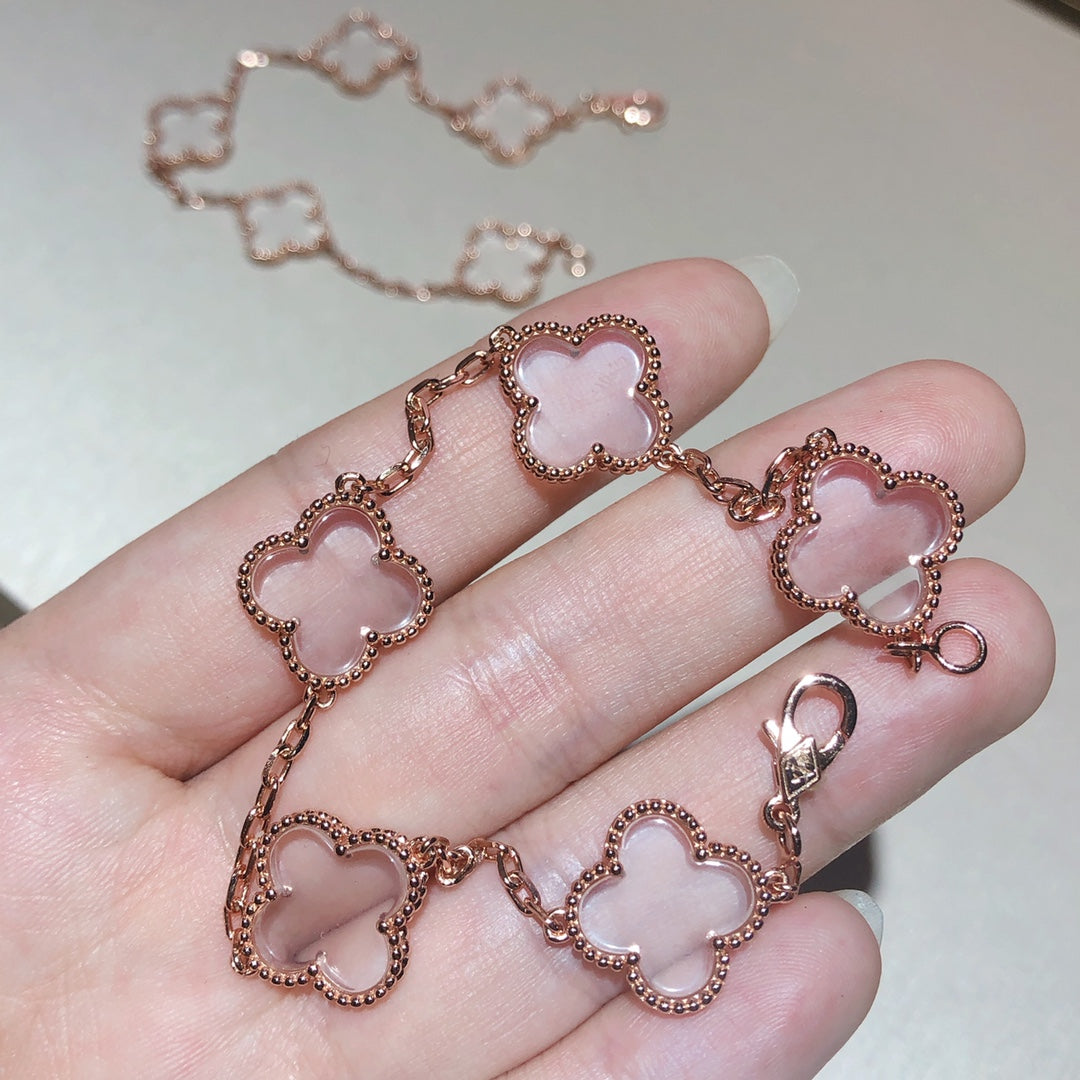[Clover Jewelry]CLOVER 5 MOTIF ROCK CRYSTAL PINK GOLD BRACELET
