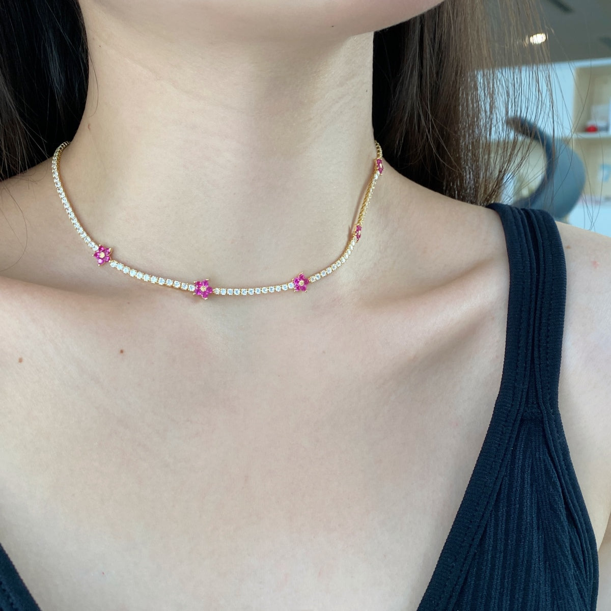 [Clover Jewelry]Luxuriöse bunte Blumen-Tennis-Halskette