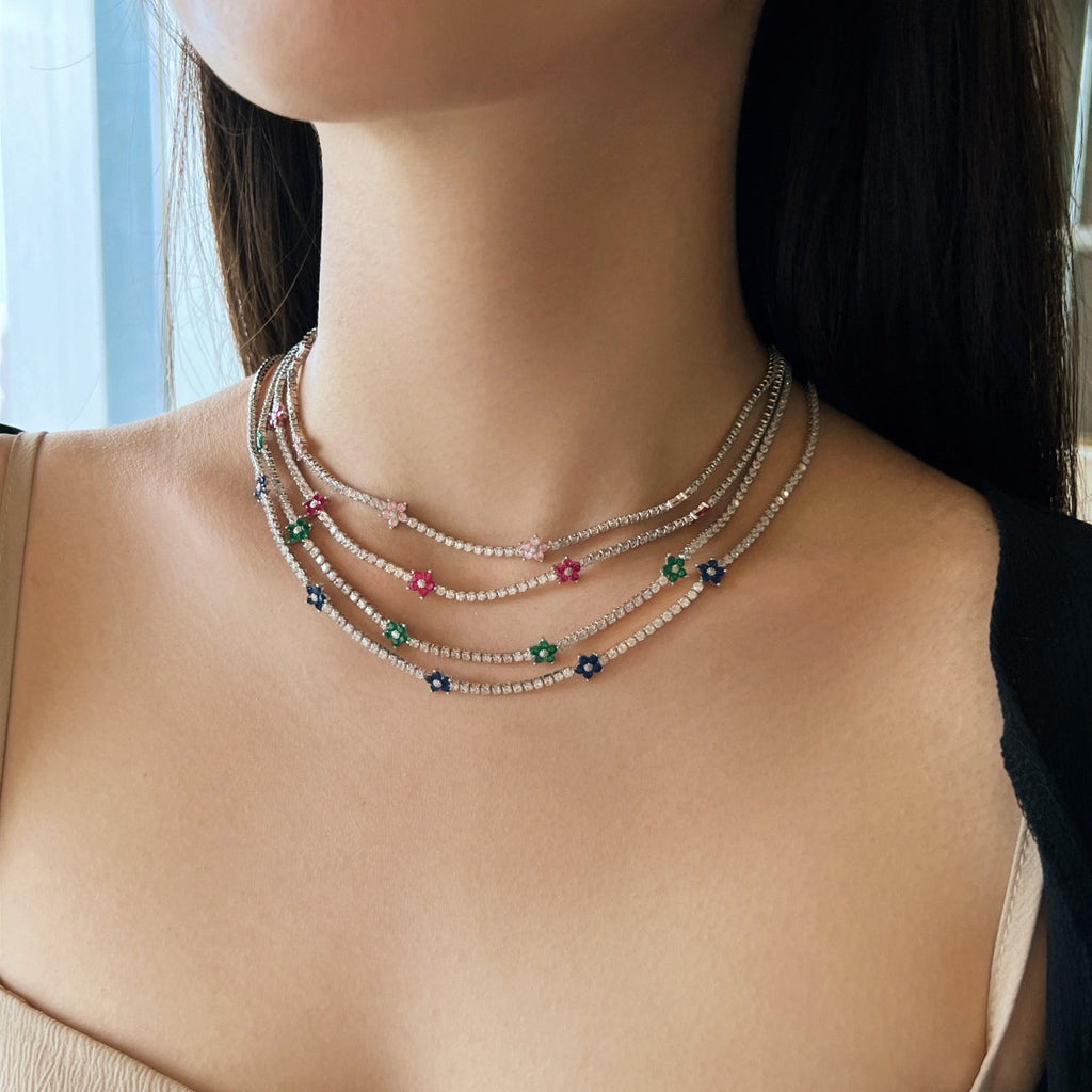 [Clover Jewelry]Luxuriöse bunte Blumen-Tennis-Halskette