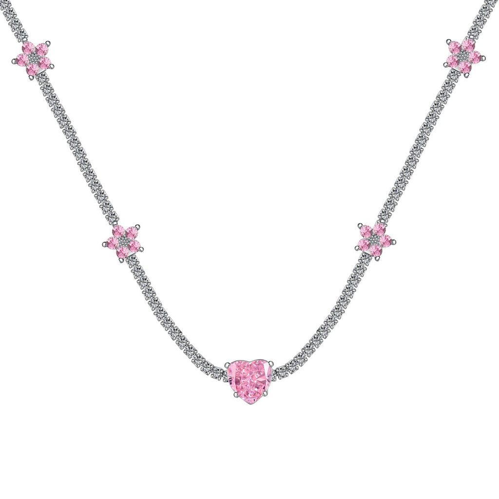 [Clover Jewelry]Funkelnde rosa Herzblumenkette