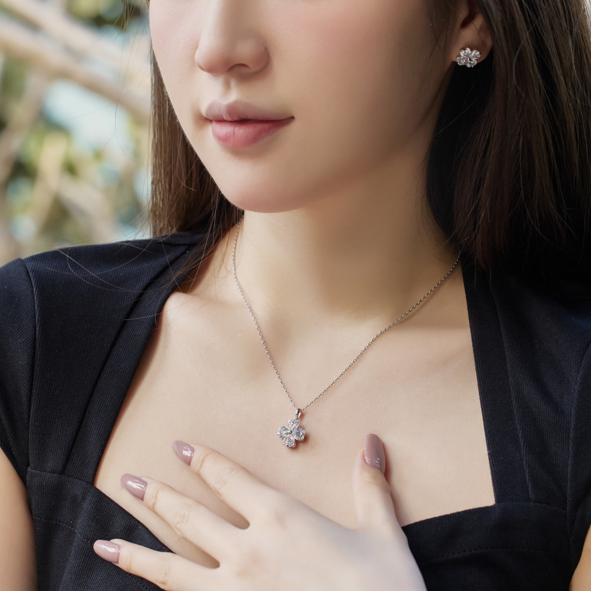 [Clover Jewelry]Heart-Shaped Four-Leaf Clover Bead Necklace