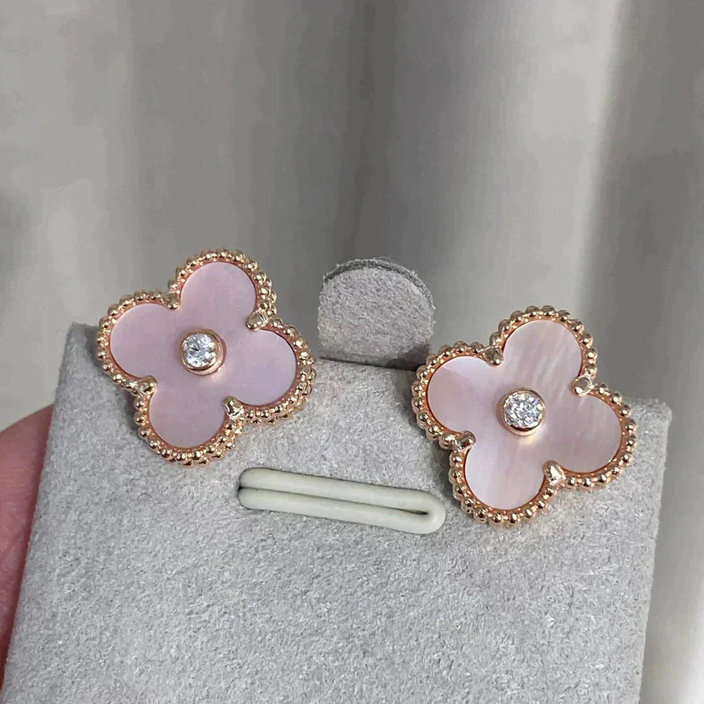 [Clover Jewelry]CLOVER MEDIUM 1 MOTIFS  PINK MOP DIAMOND EARRINGS