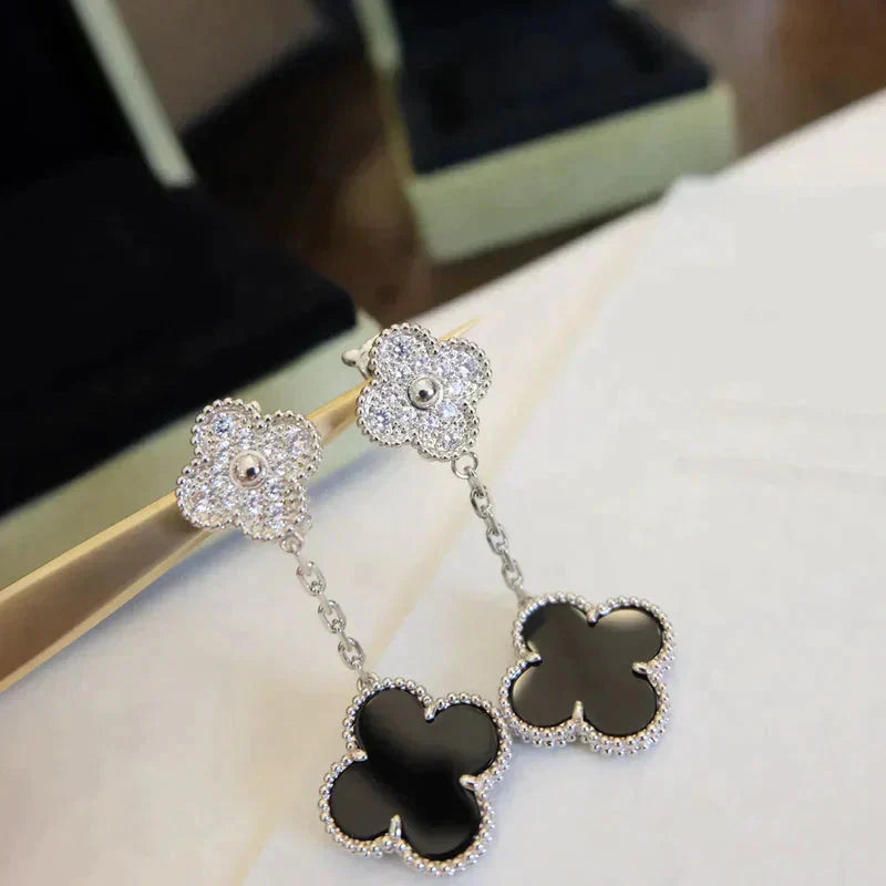 [Clover Jewelry]CLOVER 2 MOTIFS  DIAMOND ONYX EARRINGS SILVER