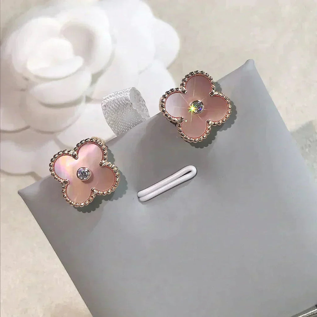 [Clover Jewelry]CLOVER MEDIUM 1 MOTIFS  PINK MOP DIAMOND EARRINGS