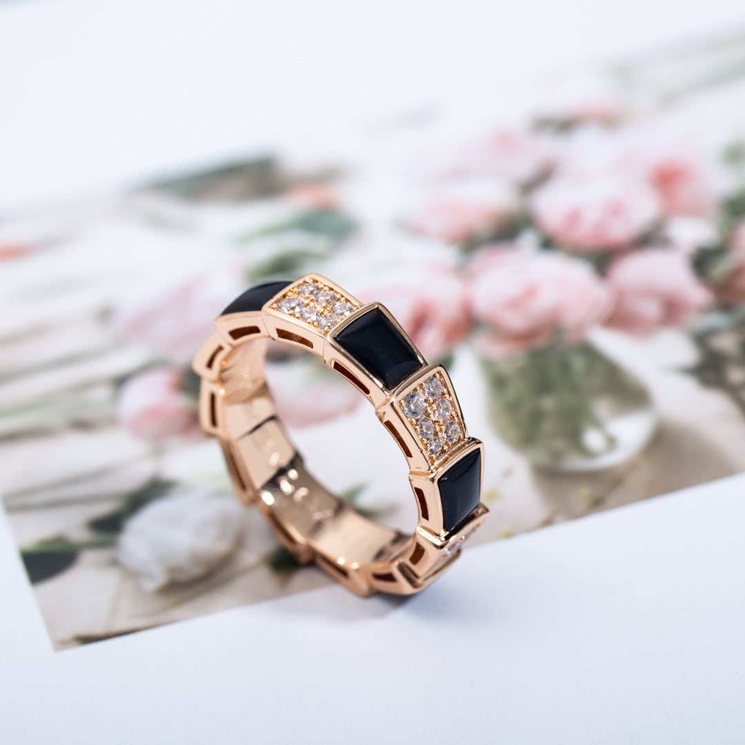 [Clover Jewelry]SERPENTI RING PINK GOLD BLACK MOP DIAMOND PAVED 4MM