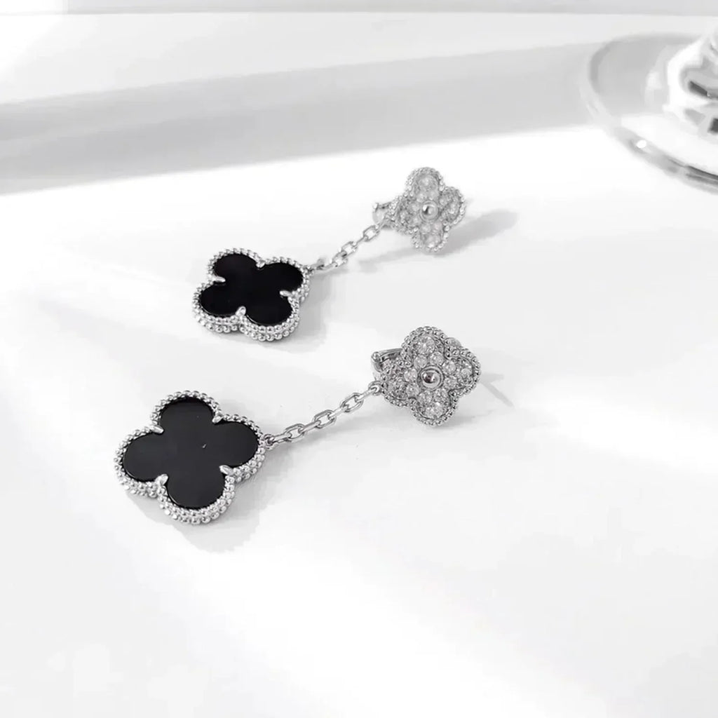 [Clover Jewelry]CLOVER 2 MOTIFS  DIAMOND ONYX EARRINGS SILVER