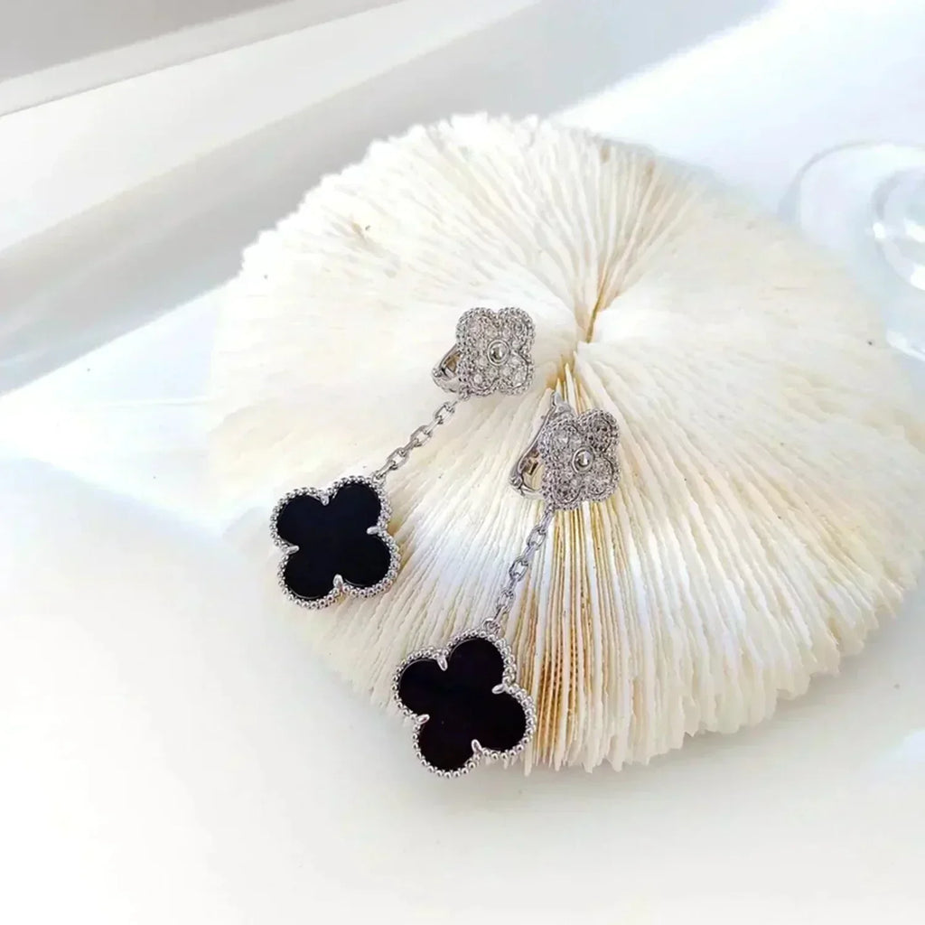 [Clover Jewelry]CLOVER 2 MOTIFS  DIAMOND ONYX EARRINGS SILVER