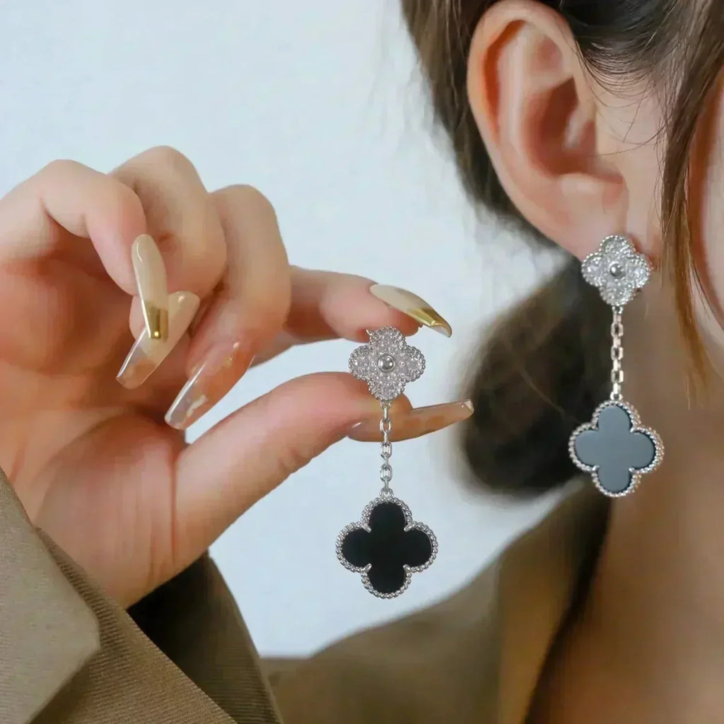 [Clover Jewelry]CLOVER 2 MOTIFS  DIAMOND ONYX EARRINGS SILVER