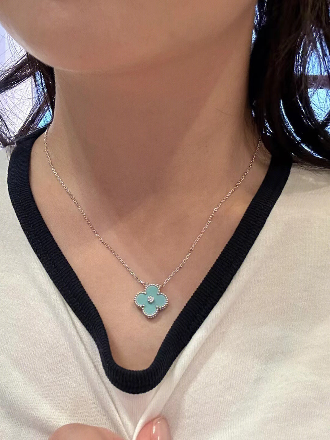 [Clover Jewelry]CLOVER 1 DIAMOND LIGHT BLUE SILVER NECKLACE