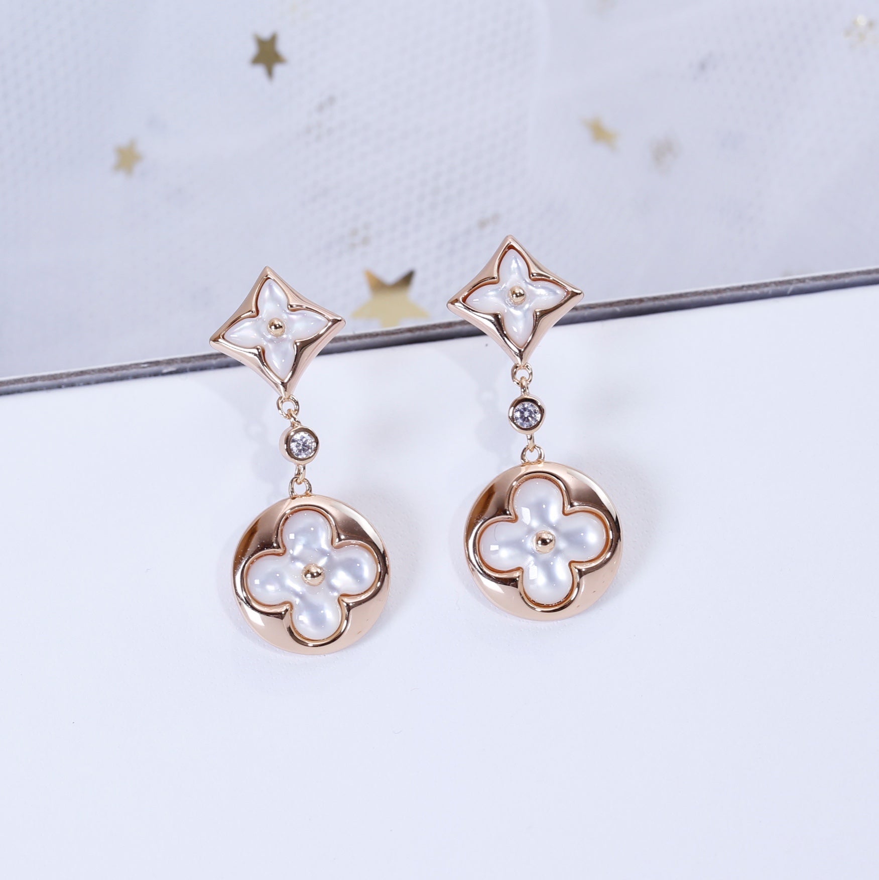 [Clover Jewelry]STAR AND SUN PINK GOLD MOP DROP EARRINGS