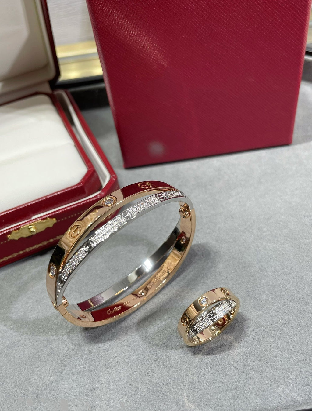 [Clover Jewelry]LOVE PINK GOLD SILVER DIAMOND DOUBLE RING