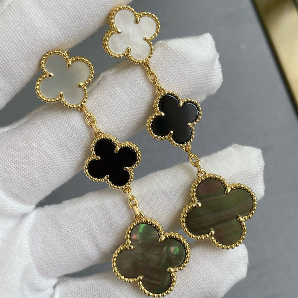 [Clover Jewelry]CLOVER 3 MOTIF MOP ONYX DARK MOP PINK GOLD EARRINGS