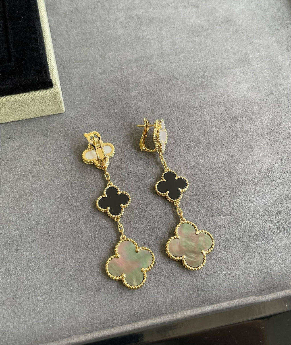 [Clover Jewelry]CLOVER 3 MOTIF MOP ONYX DARK MOP PINK GOLD EARRINGS