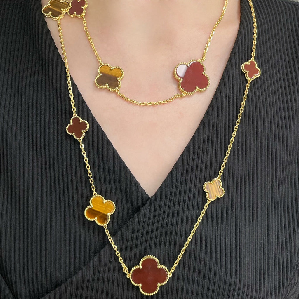 [Clover Jewelry]CLOVER 16 MOTIF CARNELIAN TIGER EYE ROSE GOLD NECKLACE