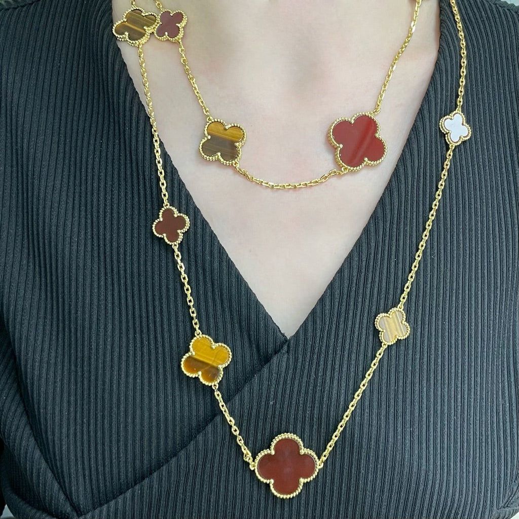 [Clover Jewelry]CLOVER 16 MOTIF CARNELIAN TIGER EYE ROSE GOLD NECKLACE