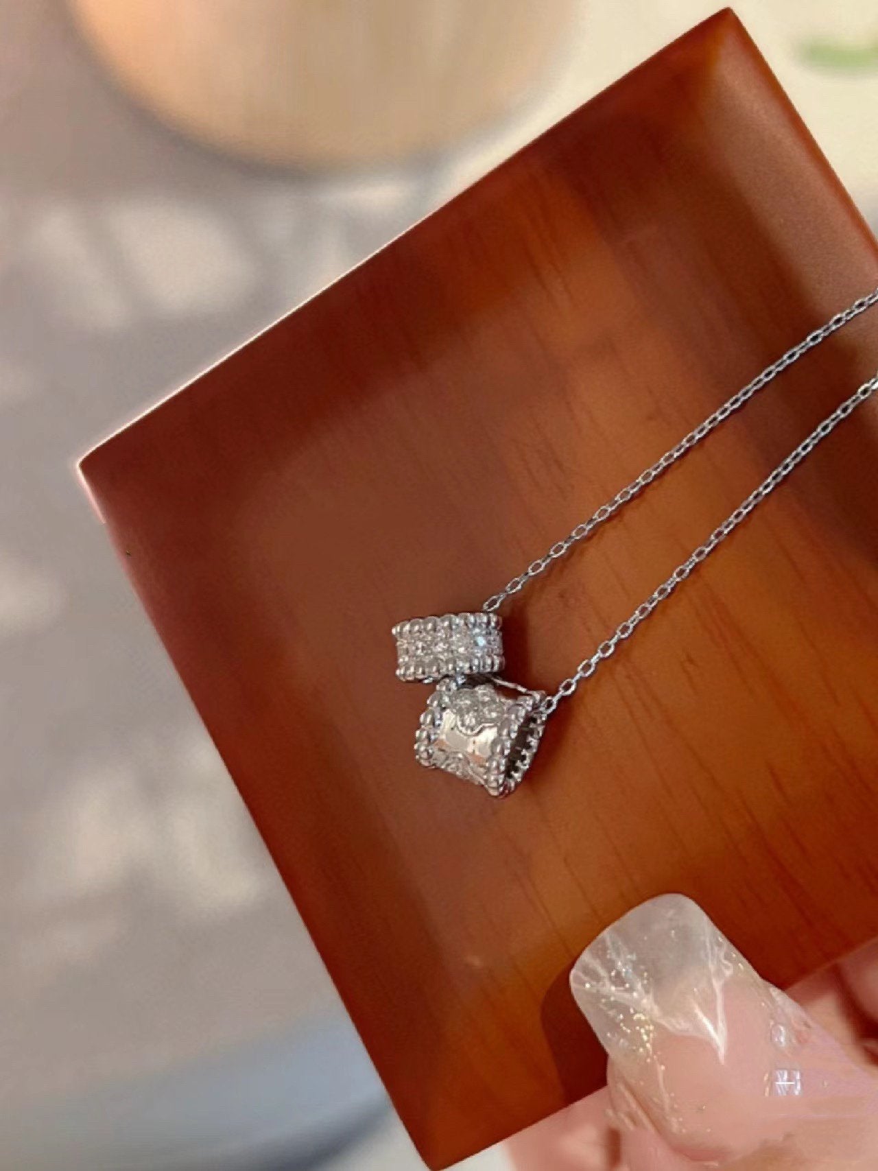 [Clover Jewelry]PERLEE DOUBLE PENDANT SILVER DIAMOND NECKLACE