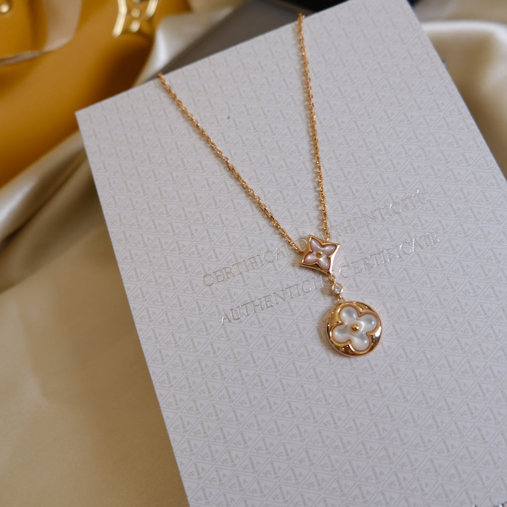 [Clover Jewelry]STAR AND SUN WHITE MOP 2 MOTIF PINK GOLD NECKLACE
