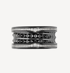 [Clover Jewelry]ZERO 1 ROCK VIERFACH-BAND-RING AUS SCHWARZER KERAMIK MIT NIETENVERZIERTER SPIRALE UND DIAMANTENBESATZ