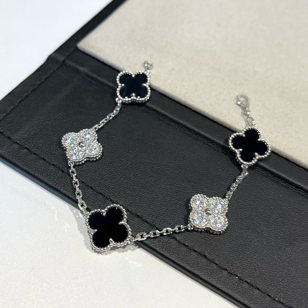 [Clover Jewelry]CLOVER 5 MOTIF ONYXS DIAMOND BRACELET SILVER