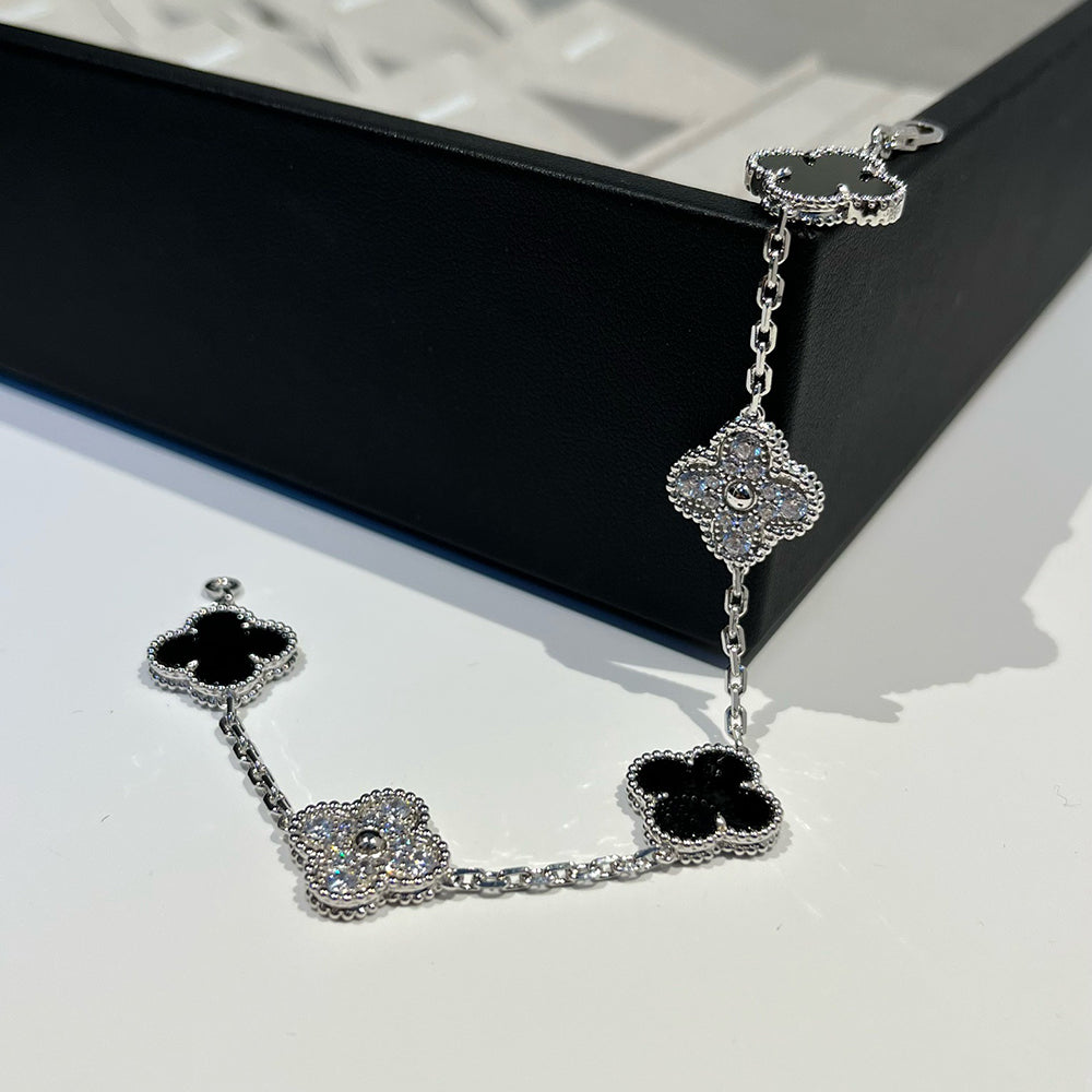 [Clover Jewelry]CLOVER 5 MOTIF ONYXS DIAMOND BRACELET SILVER