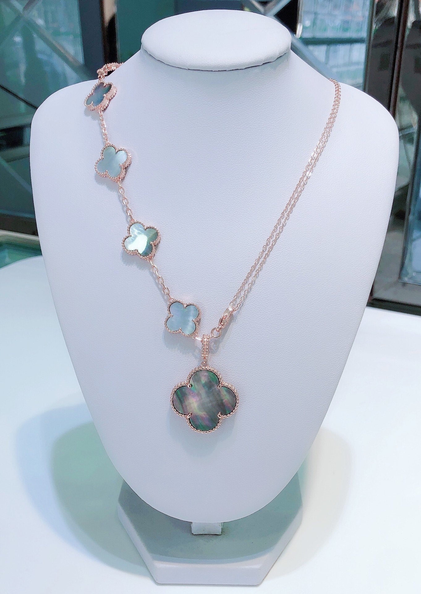 [Clover Jewelry]COMBINED BRACELET 5 MOTIFS AND NECKLACE DARK MOP ROSE GOLD