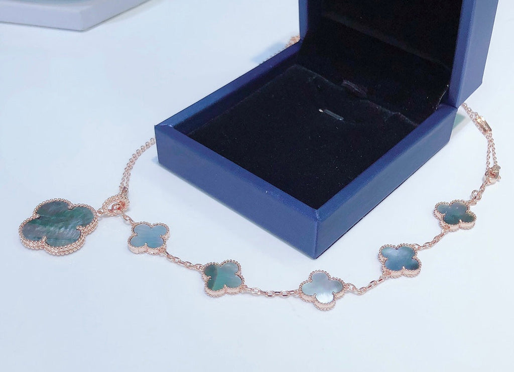 [Clover Jewelry]COMBINED BRACELET 5 MOTIFS AND NECKLACE DARK MOP ROSE GOLD