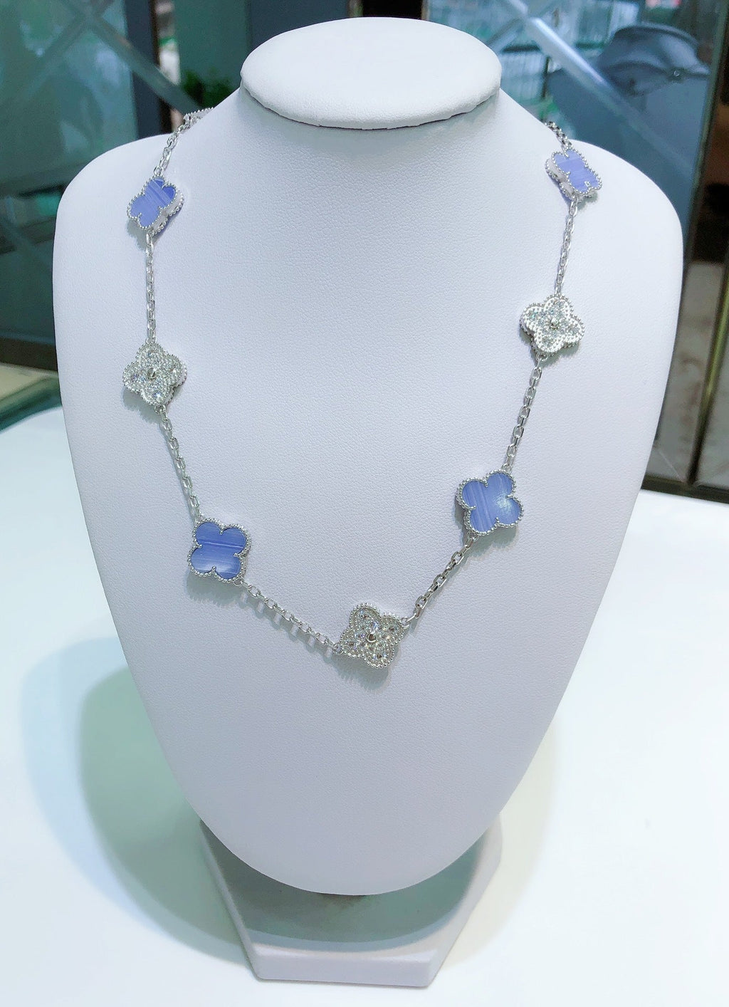 [Clover Jewelry]CLOVER 10 MOTIFS CHALCEDONY DIAMONDS SILVER NECKLACE
