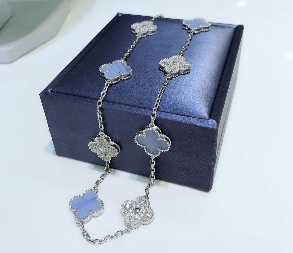 [Clover Jewelry]CLOVER 10 MOTIFS CHALCEDONY DIAMONDS SILVER NECKLACE