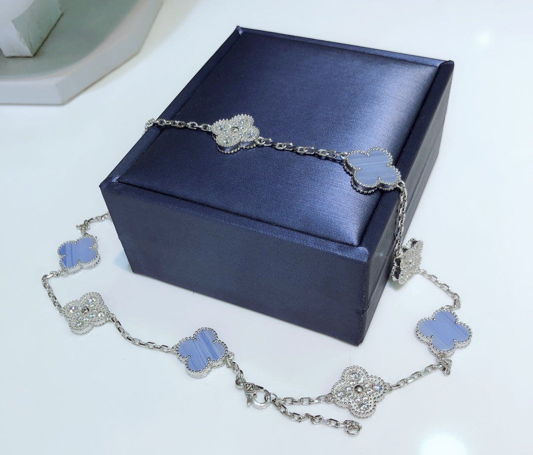 [Clover Jewelry]CLOVER 10 MOTIFS CHALCEDONY DIAMONDS SILVER NECKLACE