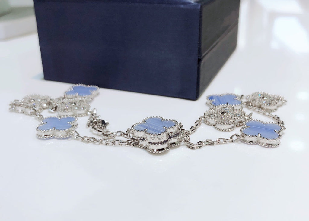[Clover Jewelry]CLOVER 10 MOTIFS CHALCEDONY DIAMONDS SILVER NECKLACE