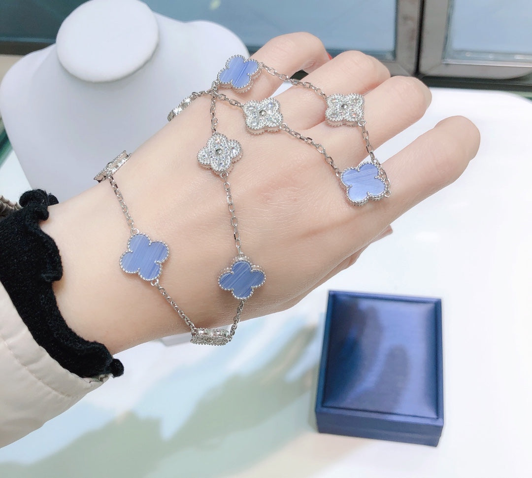 [Clover Jewelry]CLOVER 10 MOTIFS CHALCEDONY DIAMONDS SILVER NECKLACE