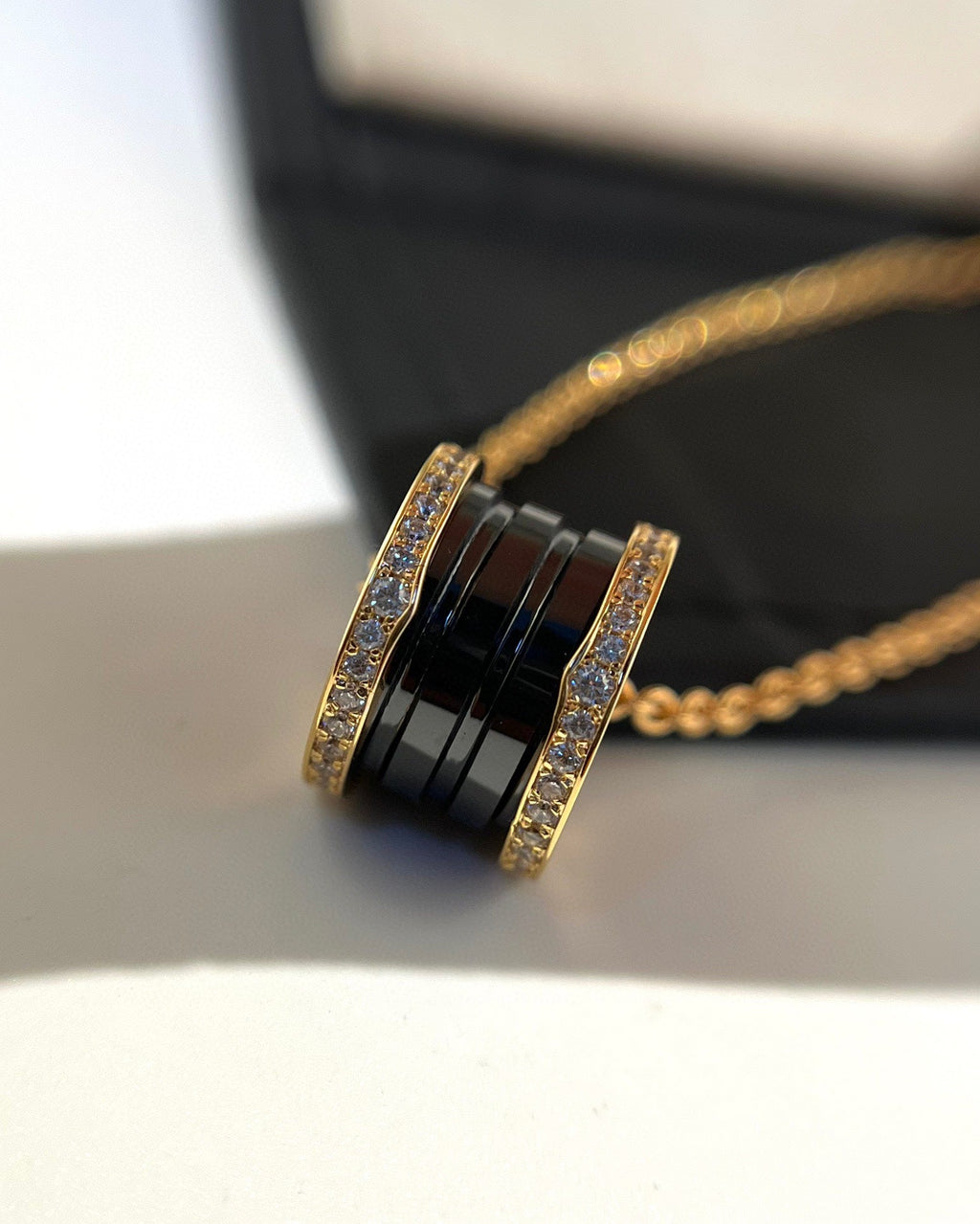 [Clover Jewelry]ZERO 1 BLACK CERAMIC DIAMOND PINK GOLD NECKLACE